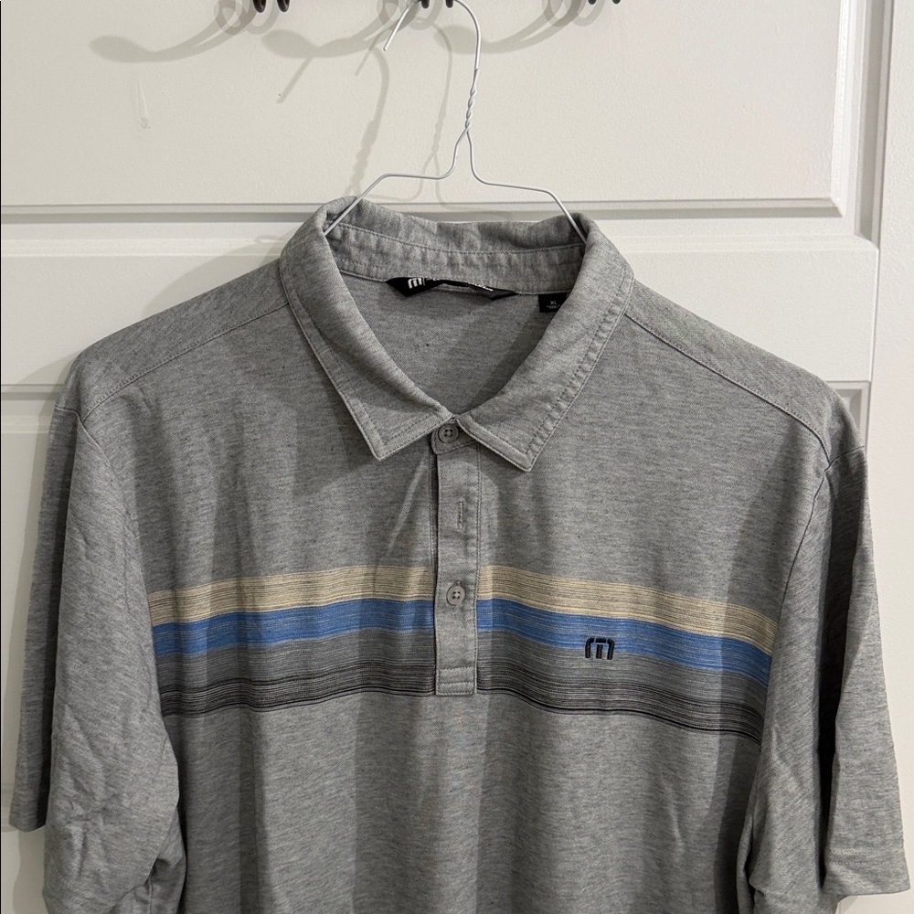 Travis Mathew Gray Polo Shirt with Blue Stripe